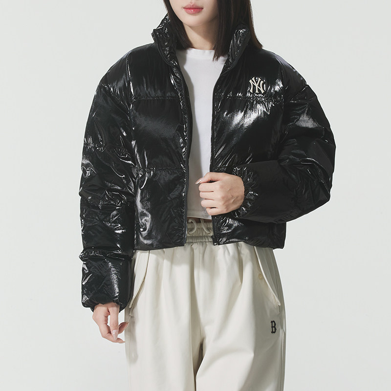 MLB官方NY黑色休闲羽绒服女2025冬季新款运动服外套夹克3FDJB0556