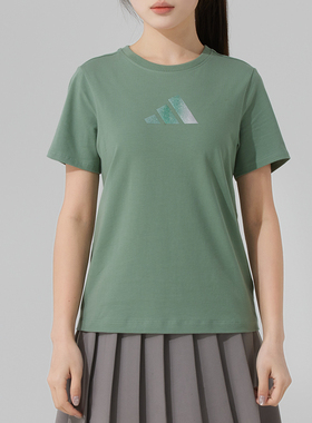 Adidas阿迪达斯新款女款运动短袖T恤休闲绿色速干透气半袖JM8804