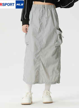 MLB官方女款凉感透气梭织长裙26春季新款褶皱时尚工装半身裙SKB06