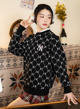 MLB官方卫衣男女同款2025新款运动服老花宽松圆领套头衫3AMTM0141