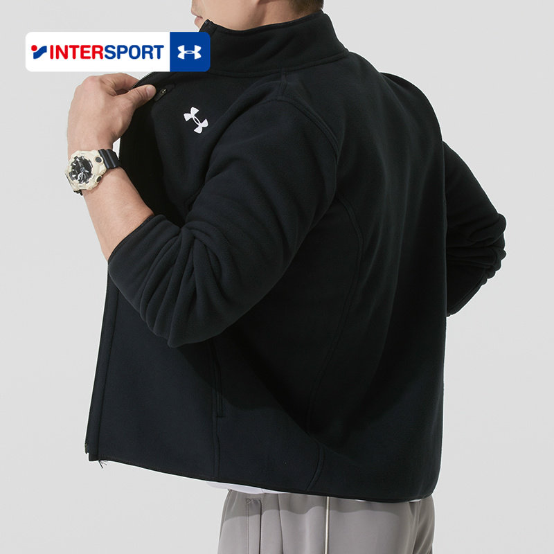 安德玛立领抓绒衣外套男款春季黑色加绒保暖运动休闲夹克1389308