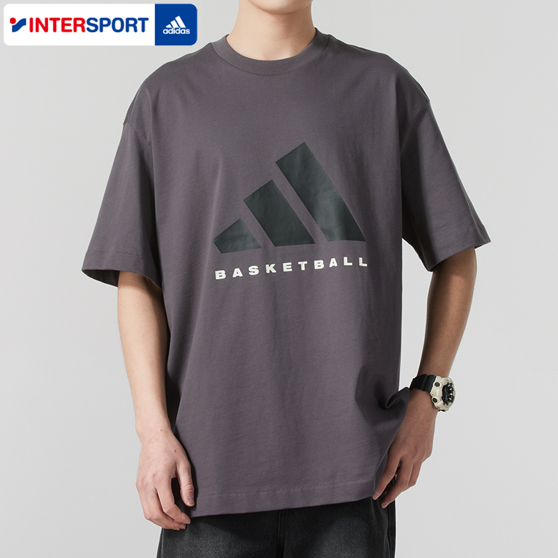 阿迪达斯冬季新款情侣款纯棉篮球运动短袖休闲宽松圆领T恤JC7834