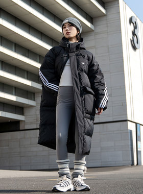 adidas阿迪达斯冬季情侣款保暖长款运动宽松鸭绒连帽羽绒服KC2564
