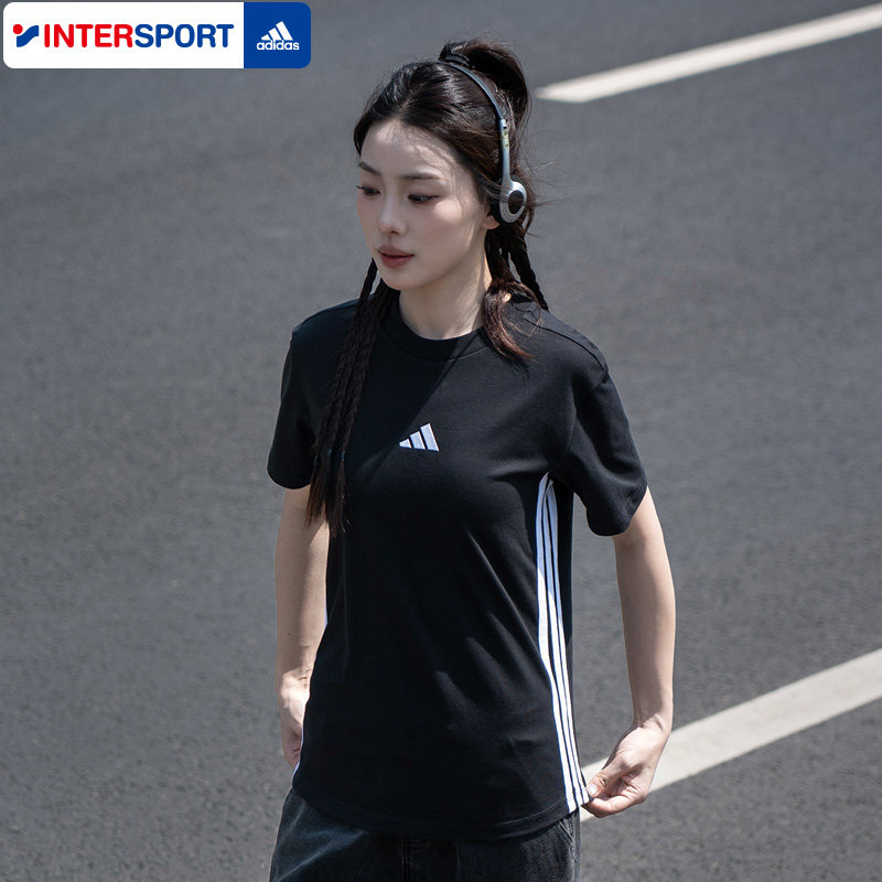 阿迪达斯黑色短袖女2026夏季新款三条杠半袖上衣女士纯棉运动T恤