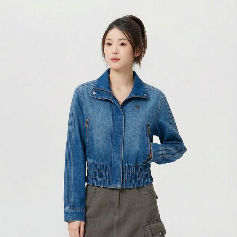 阿迪达斯三叶草蓝色牛仔外套女装春季新款运动服短款立领休闲夹克