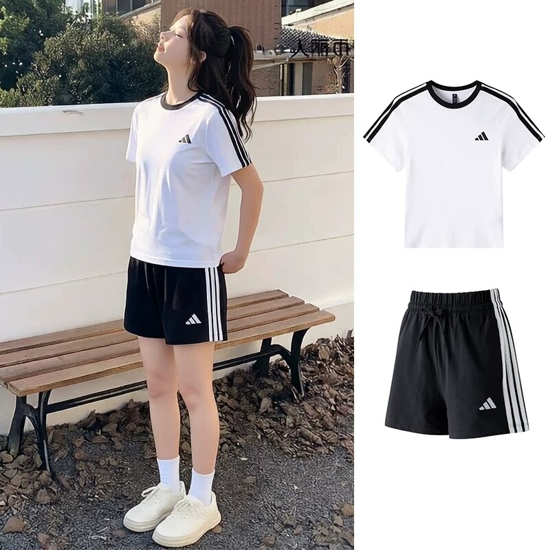 阿迪达斯运动套装女装夏季新款官方正品短袖t恤短裤休闲运动服