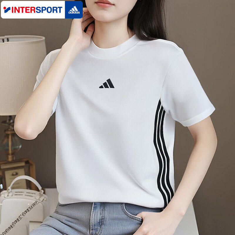 Adidas阿迪达斯女装短袖上衣2026夏季新款时尚休闲运动三条纹T恤
