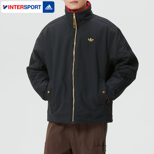 阿迪达斯新年款红色棉服男冬季保暖三叶草双面穿外套运动服KT0639