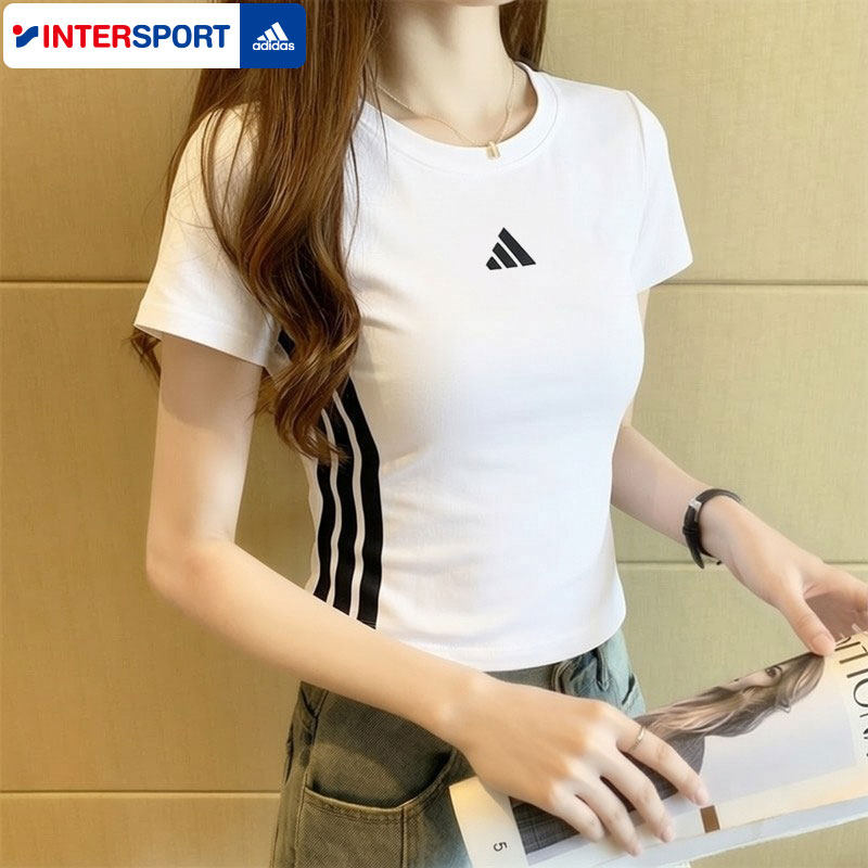 阿迪达斯短袖女装2026夏季新款修身半袖上衣白色圆领短款运动T恤