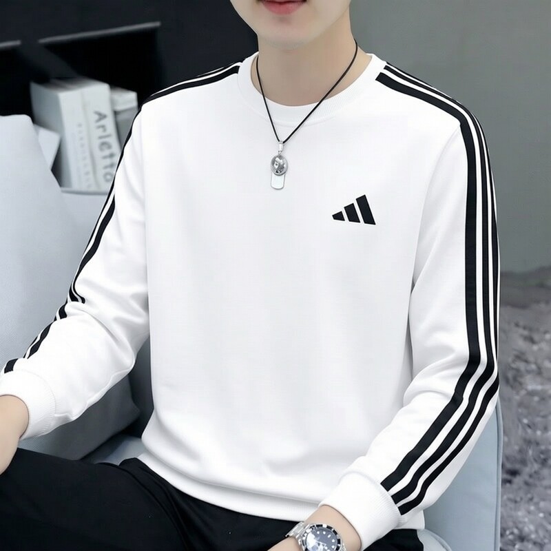阿迪达斯白色长袖T恤男士薄款卫衣秋季新款运动服纯棉圆领打底衫