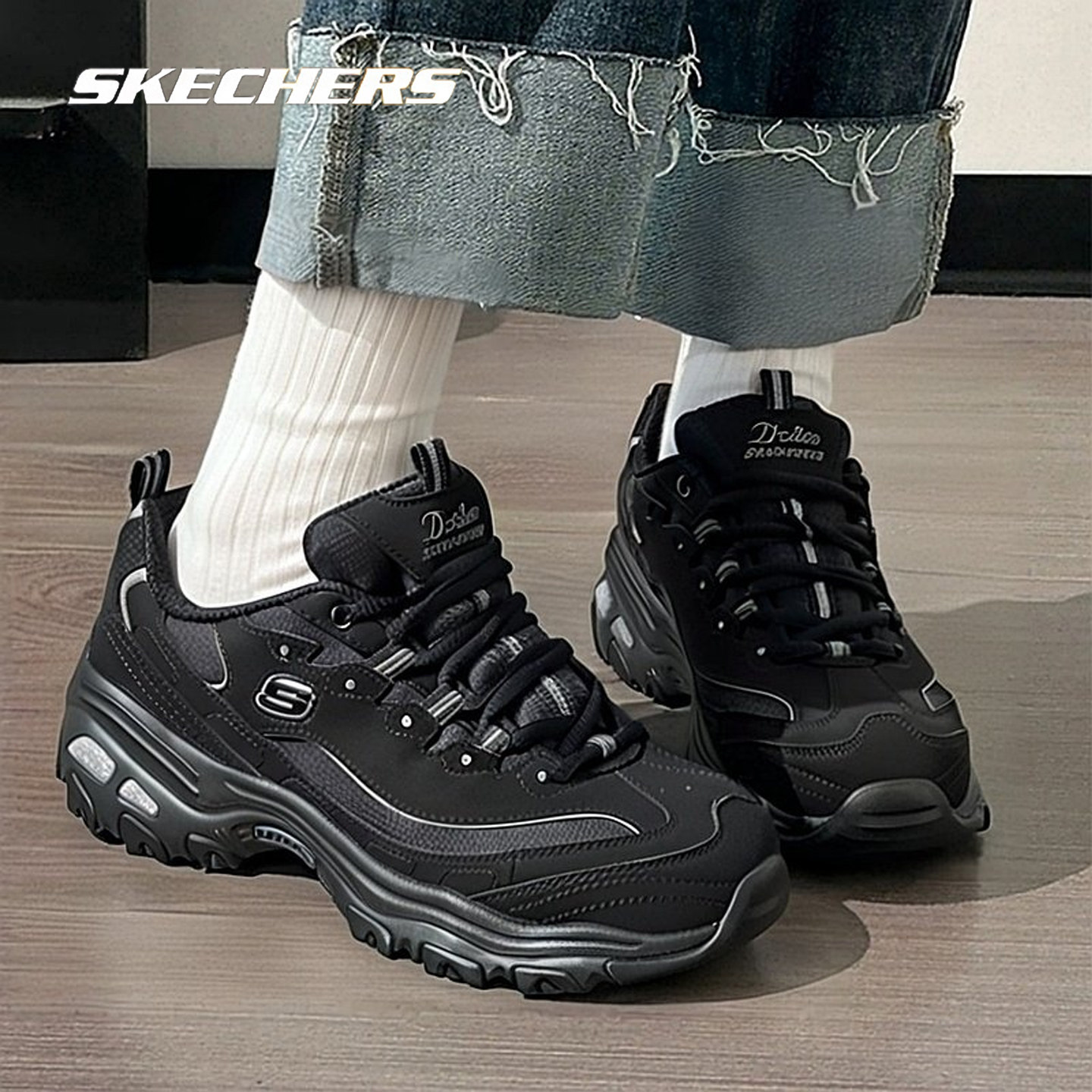 斯凯奇女鞋经典一代熊猫鞋女士黑色老爹鞋2026春季新款休闲运动鞋