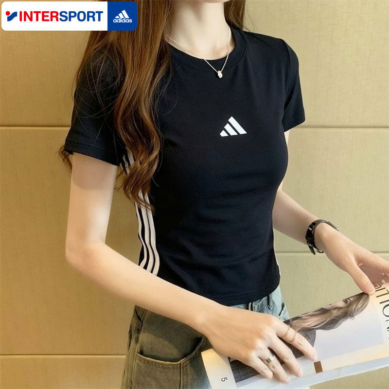阿迪达斯短袖女装修身短款运动T恤女款黑色衣服夏季新款半袖上衣