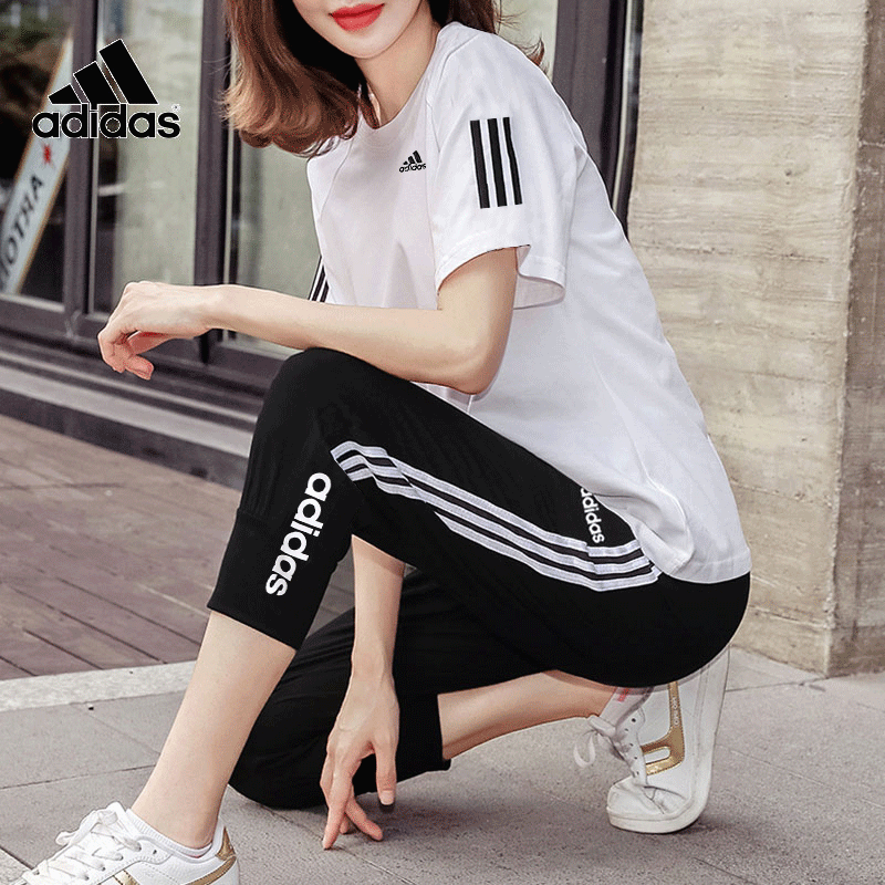 Adidas阿迪达斯套装女装2023冬季新款运动服宽松短袖七分裤休闲装