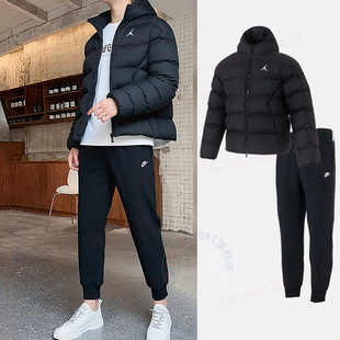 两件套外套裤 耐克短款 长裤 户外保暖连帽棉衣加绒卫裤 子 棉服男冬季