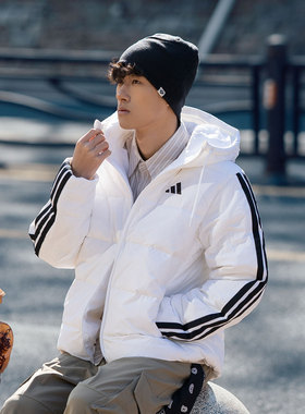 阿迪达斯白色羽绒服男装正品2026冬季新款保暖休闲连帽外套KH3988