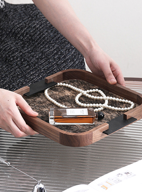 法式中古圆角皮革马毛装饰托盘摆件轻奢玄关桌面香薰蜡烛收纳软装