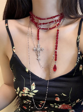 诱惑纯欲性感红色血滴多层流苏十字辣妹叠带项链锁骨链身体链女