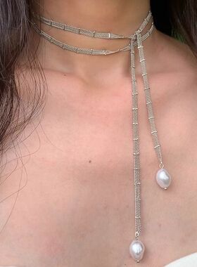 清冷千金风蕾丝缠绕项链女vintage辣妹长款叠戴珍珠冷淡风锁骨韩