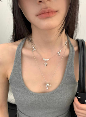 辣妹美式双层叠戴土星球项链女ins小众高级感珍珠锁骨链甜酷百搭