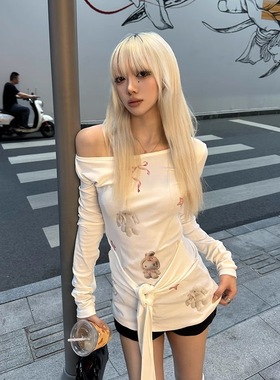入秋甜酷美式INS白色长袖蝴蝶结KT卡通小众千禧辣妹套头上衣修身