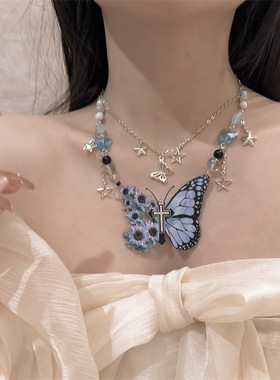 辣妹仙女Y2K多巴胺蓝色蝴蝶多层流苏项链小众设计感颈链韩锁骨链