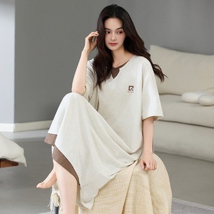 简单家居睡裙女夏纯棉短袖长款拉架凉爽棉睡衣裙子宽松大码可外穿