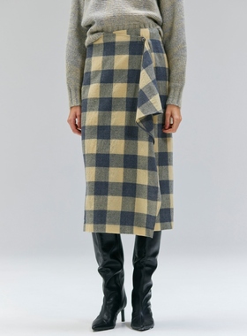 BEIGE，时尚高质感HOBBS仿皮革口袋羊毛格纹裹身半身裙女ONWARD