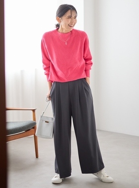 any FAM可机洗松紧腰两褶乔其设计适宜气质宽腿裤女ONWARD