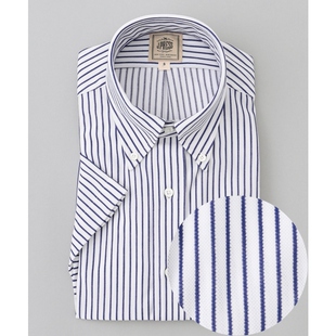 J.PRESS时尚 男ONWARD 休闲简约牛津针织鹿耳纹条纹拼接口袋衬衫