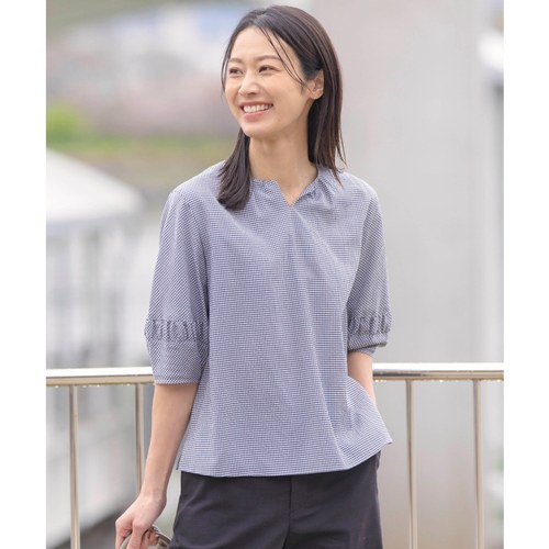 J.PRESS适宜可洗棉混纺格子花呢喇叭袖衬衫女ONWARD