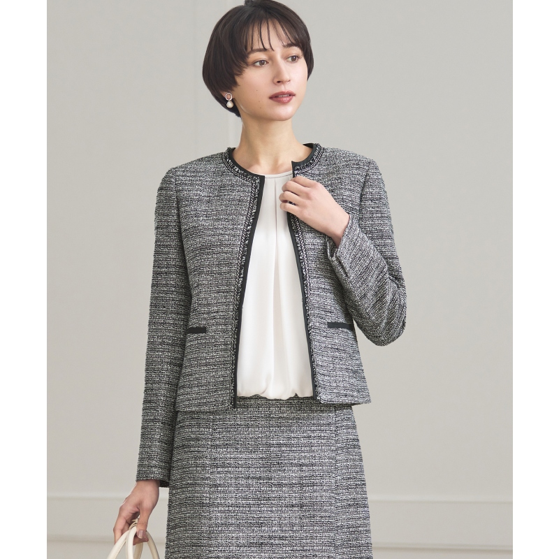 23区简约优雅感套装搭配亮光粗花呢无领夹克外套女ONWARD
