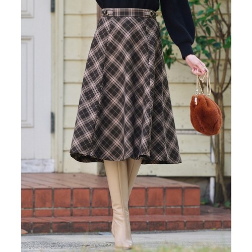any SiS 可水洗 复古格纹半身裙冬季通勤OL优雅知性高腰喇叭裙伞