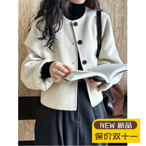 高级感短款圆领双面呢羊绒大衣女秋冬新款韩国气质简约羊毛外套厚