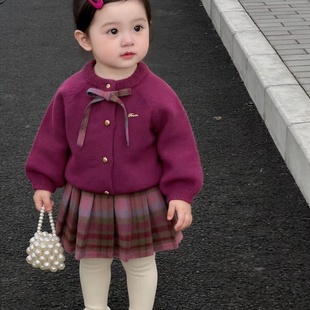 【柠里】显白天花板！女宝宝新年毛衣开衫外套格子半身裙套装跨境