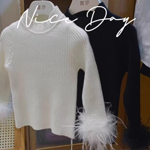 新品26冬季新款女童毛毛袖口打底衫上衣针织毛衣新中式年服内搭