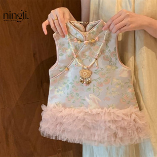 女童新中式旗袍裙宝宝冬季国风加绒加厚背心裙公主裙唐装拜年服潮