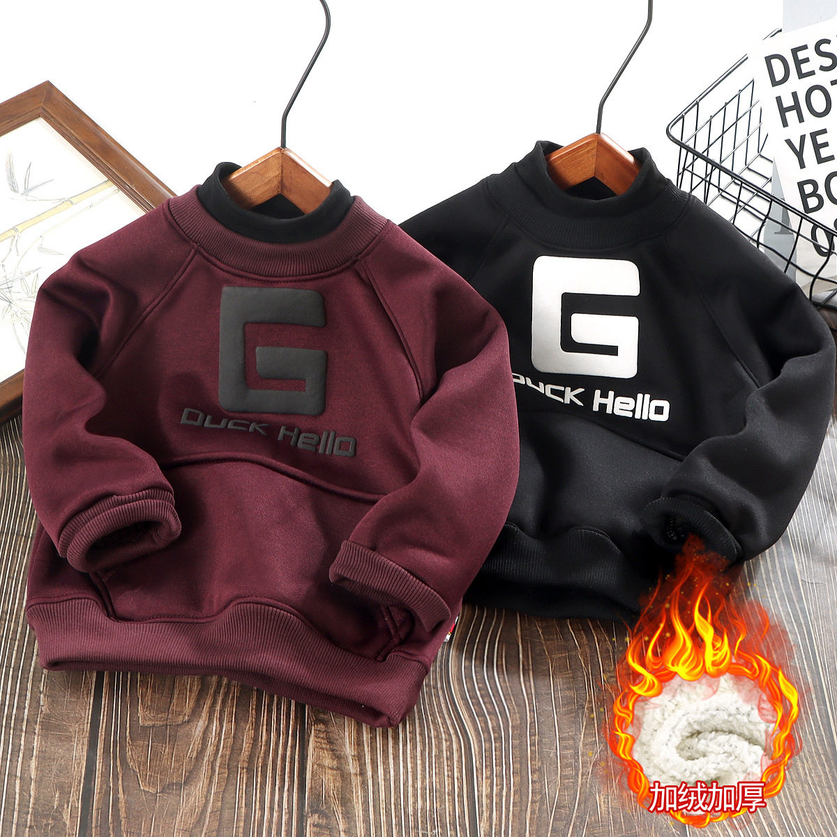 儿童新款加绒加厚卫衣冬季保暖半高领男童女童上衣中小童时尚