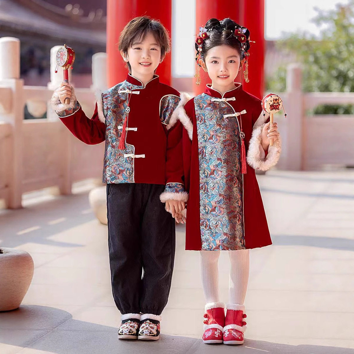 女童汉服男童拜年服冬季儿童加厚款过年服装宝宝喜庆周岁礼服套装