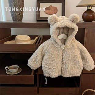 小熊上衣跨境韩国童装冬季款女童夹棉加厚连帽毛毛衣洋气外套冬装
