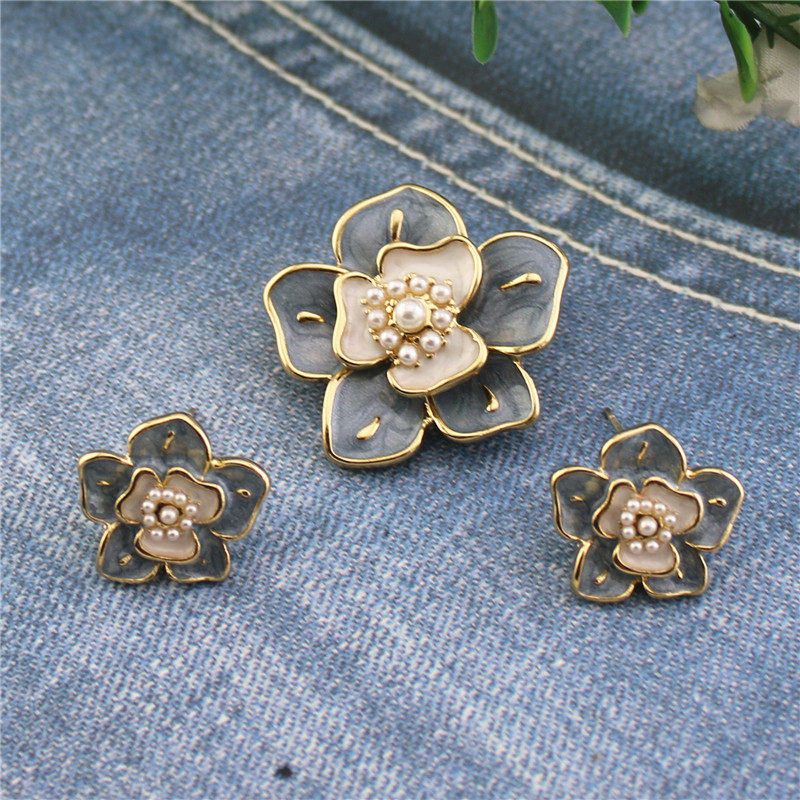复古法式滴釉五瓣花双层胸针 合金珐琅花朵珍珠925银针耳钉