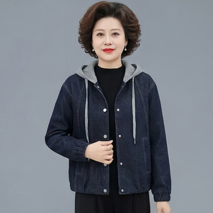 中年妈妈装春款针织拼接连帽牛仔外套洋气上衣减龄夹克短款休闲衫