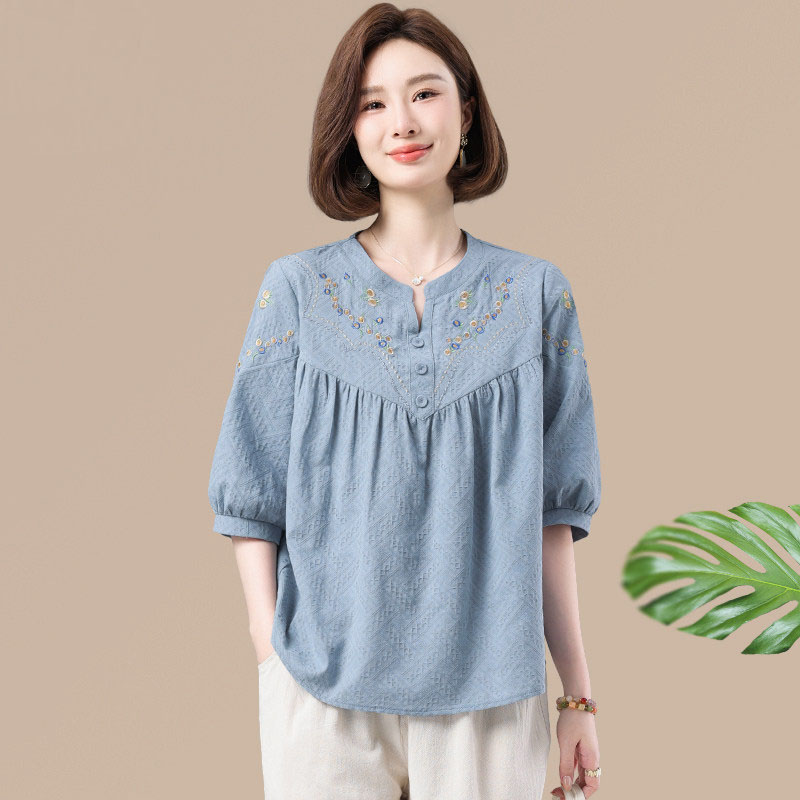 纯棉妈妈夏装套装大码中年妇女上衣中老年人女夏季棉麻小衫两件套