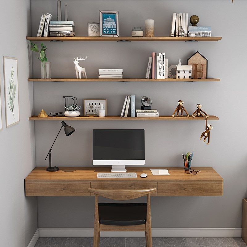 壁挂式双人电脑桌悬空整墙上家用实木一字板书桌书架组合带抽屉柜