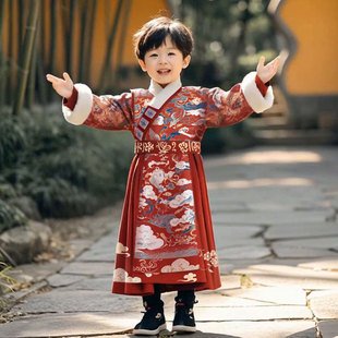 男童汉服冬装新中式过年服男孩红色唐装儿童国风古装小少爷拜年服