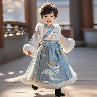 汉服男童2025新款冬装加绒过年服儿童古风古装男宝拜年服国风唐装