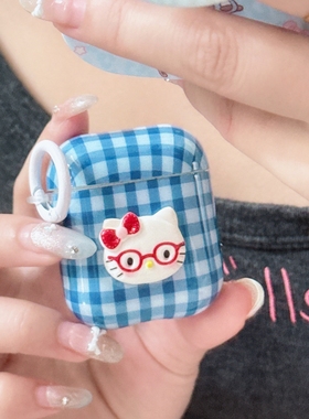 简约可爱卡通蓝色格子kt猫适用苹果AirPods1,2代3代Airpods4保护套耳机保护壳蓝牙耳罩ins日韩小众不撞款个性