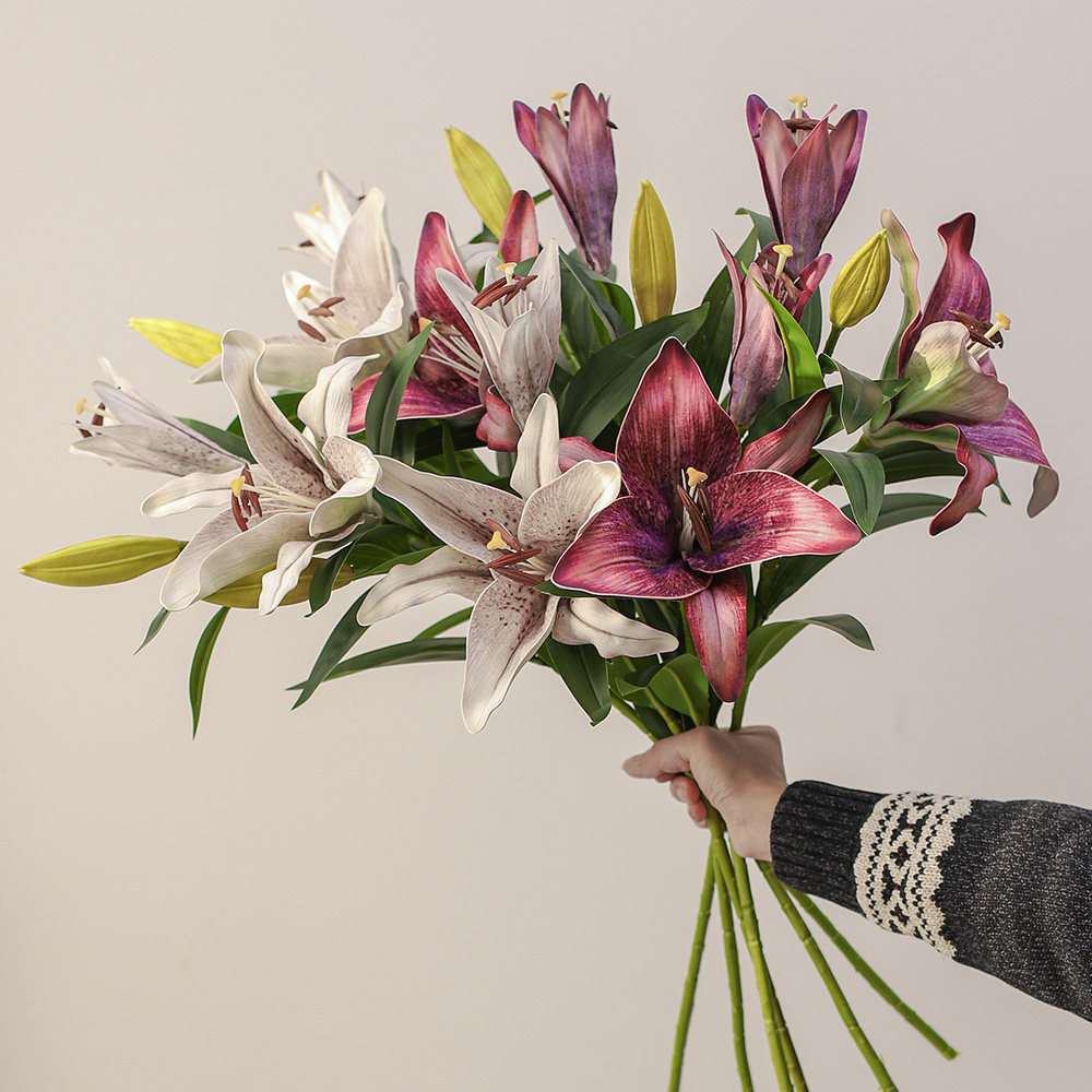 复古油画色仿真百合花束桌面高级感卧室装饰假花逼真大号插花摆设