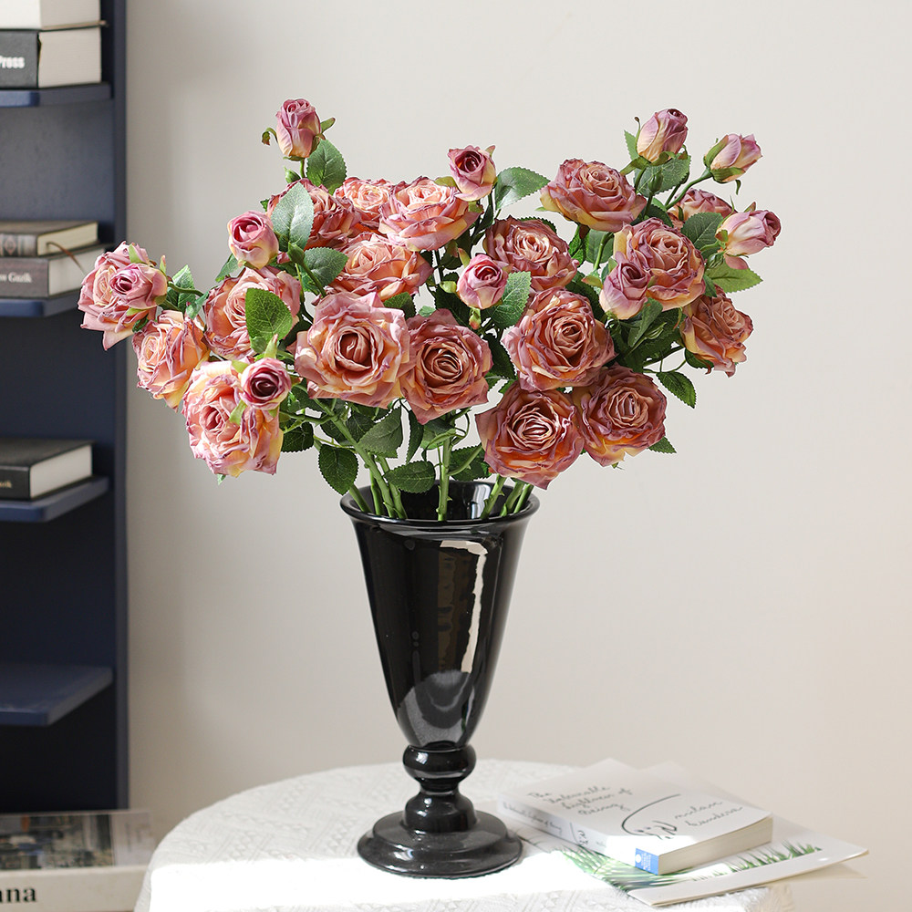 紫色月季仿真花法式复古焦边玫瑰高级多头油画假花手捧花装饰摆设