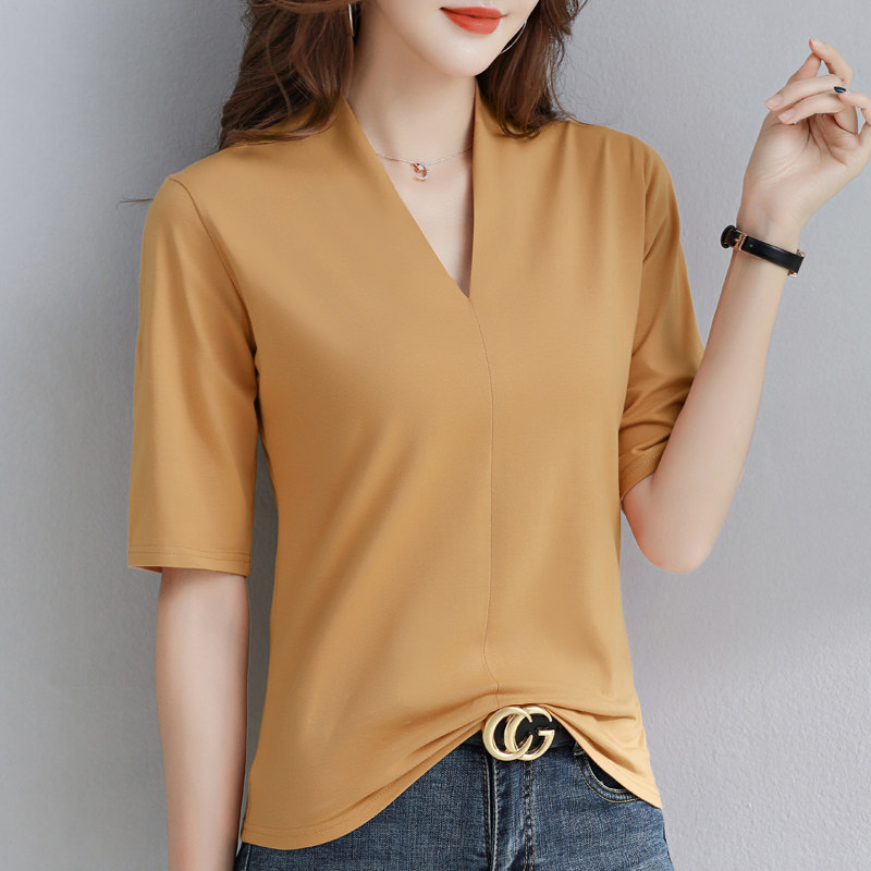 深v领短袖t恤女纯棉白色2022年新款夏装气质半袖修身中袖体恤上衣