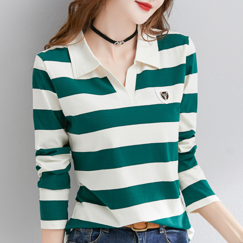 纯棉长袖t恤女条纹春秋洋气设计感POLO领内搭打底衫薄款紧身上衣